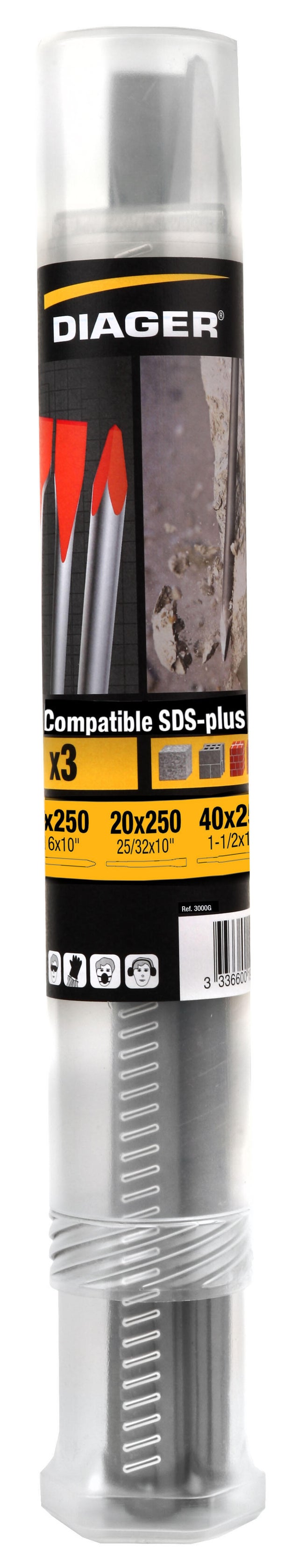 Kit de démolition 1 pic + 2 burins SDS PLUS - DIAGER - 3000G