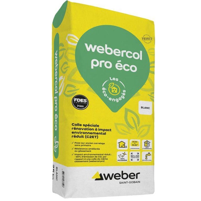 Colle carrelage en poudre blanc C2ET pour sol intérieur & extérieur et mur intérieur 25 kg - Webercol pro eco WEBER