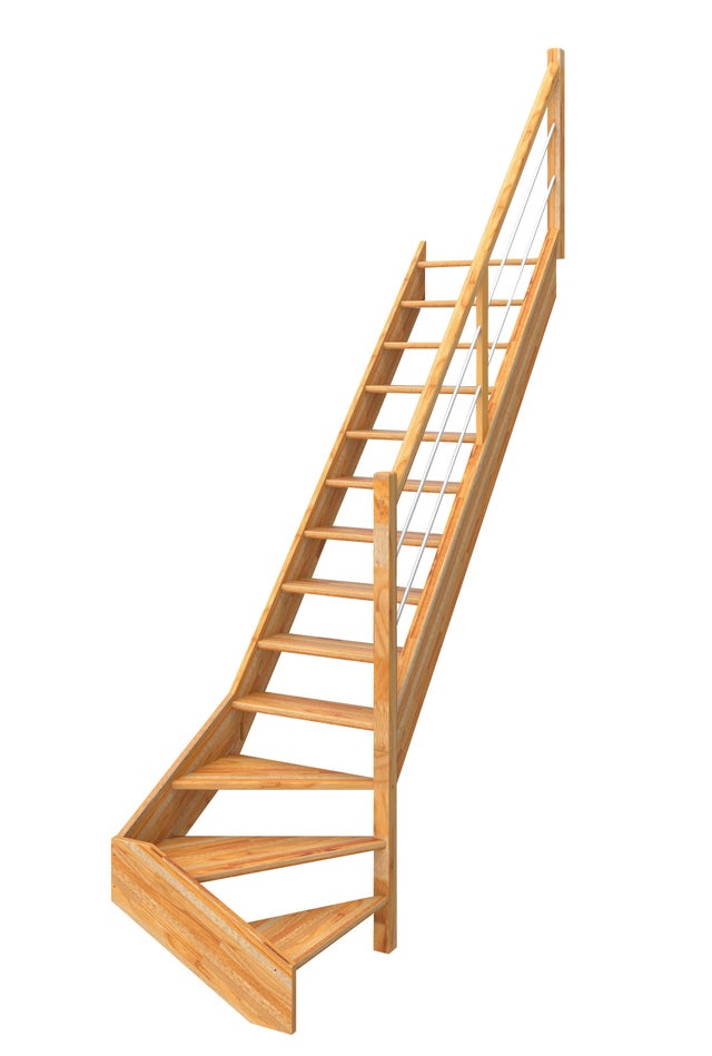 Escalier en hêtre quart tournant bas à droite sans contremarches et rampe à tube à droite Larg.76 cm - GIMM