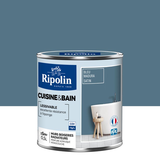 Peinture intérieure multi-supports acrylique satin bleu madura 0,5 L Cuisine et bain - RIPOLIN
