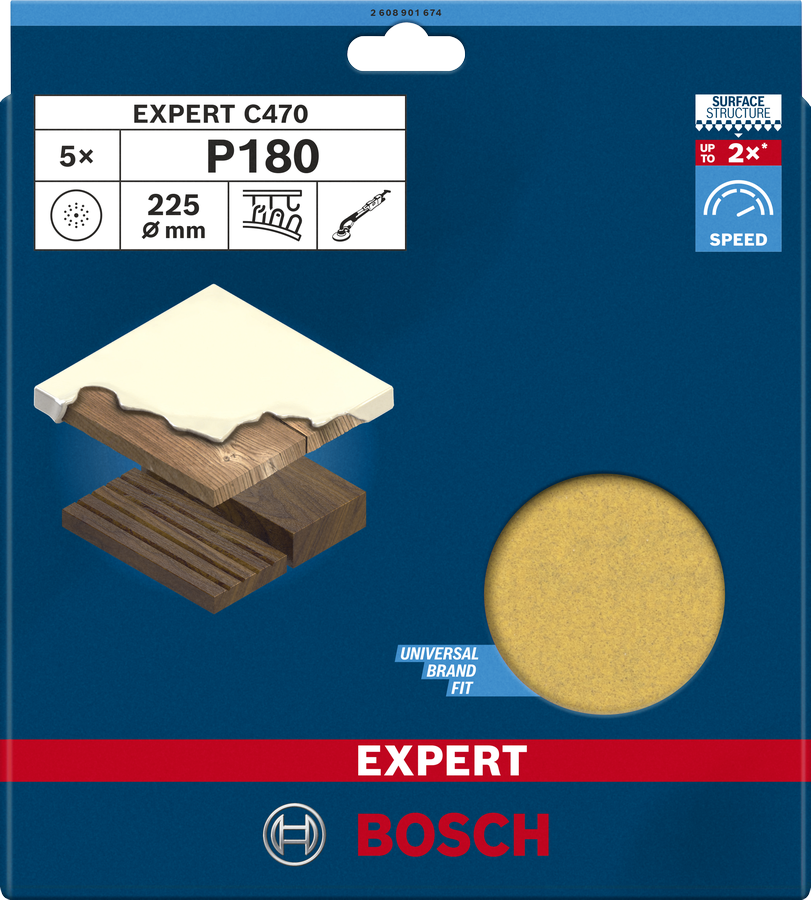 Disque abrasif pour ponceuse à plâtre Diam.225 mm grain 180 Lot de 5  - C470 BOSCH - 2