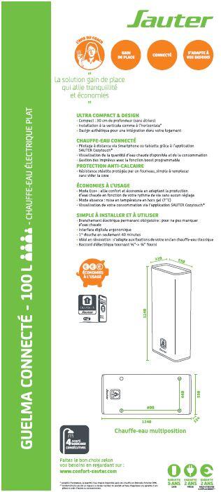 Chauffe-eau électrique plat horizontal/vertical SAUTER Guelma connecté 100L - 10