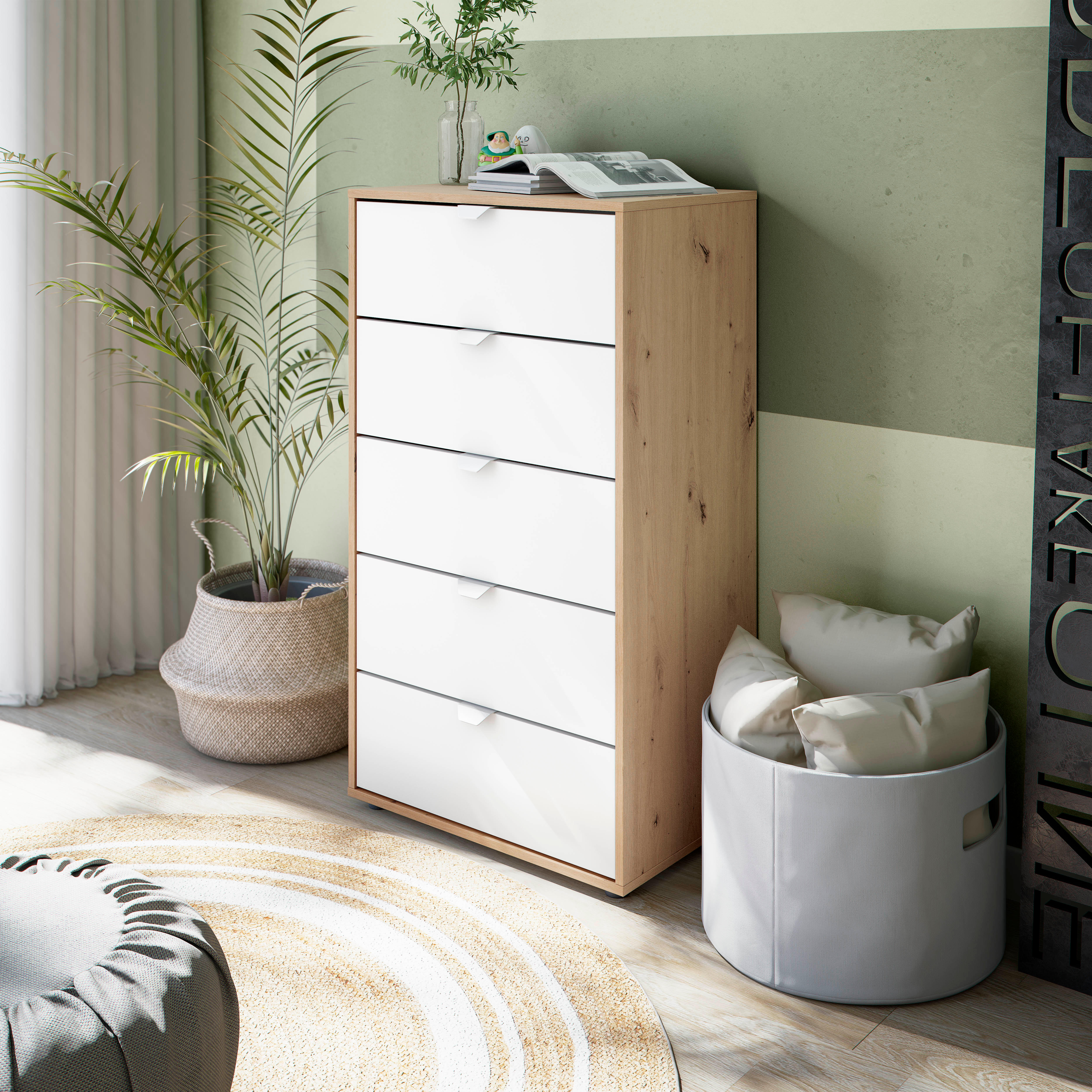 Cómoda GARONA con 5 cajones 109x61x40cm roble/blanco - 2