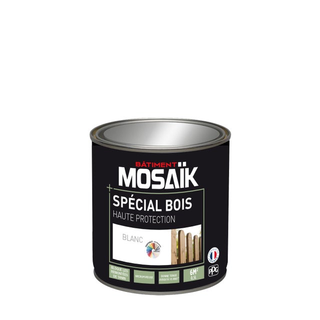 Peinture bois acrylique satin blanc 0,5 L - MOSAÏK
