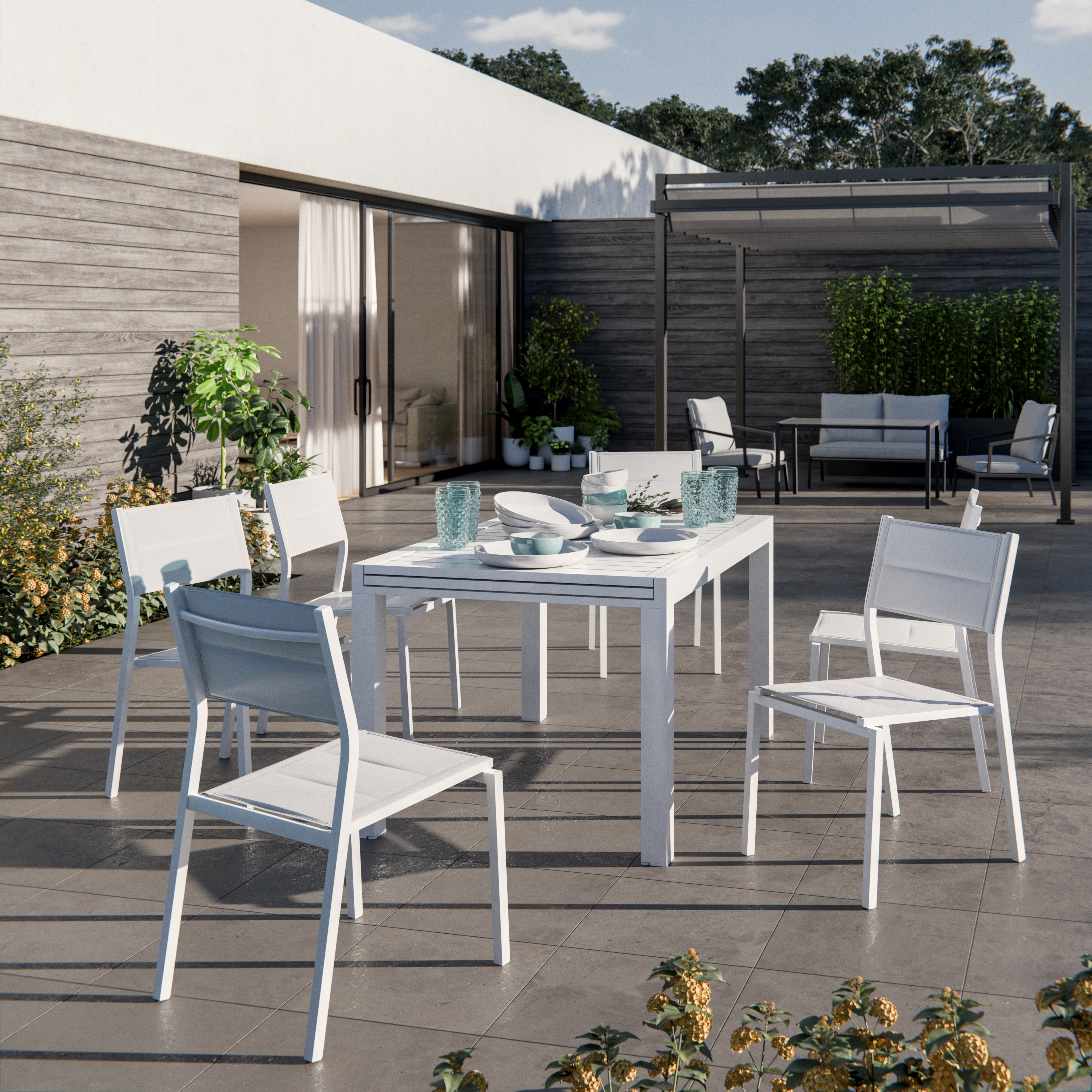 Conjunto de jardín lyra/orion beta extensible de aluminio blanco para 6 personas