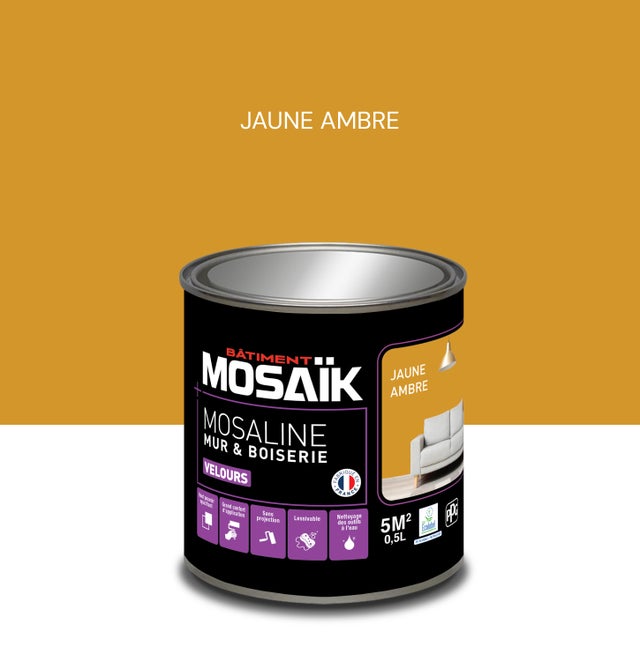Peinture intérieure multi support acrylique velours jaune ambre 0,5 L Mosaline - MOSAIK