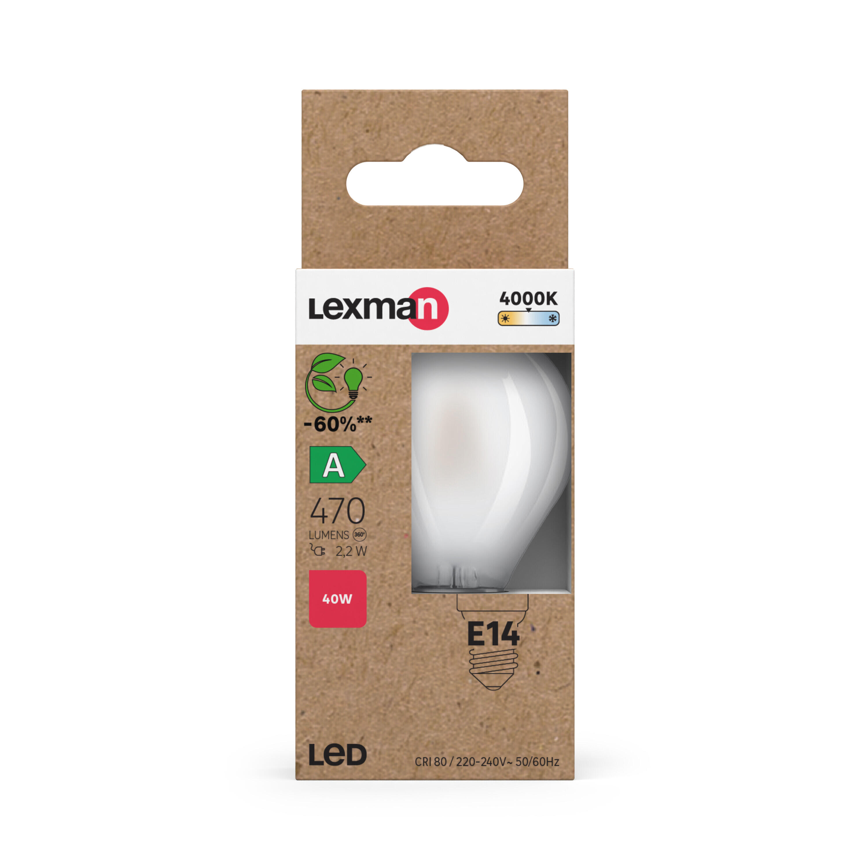 Bombilla LED E14 filamento clase A (mayor ahorro energético)  forma esférica 470 lúmenes 2.2W color de la luz blanco neutro 4000K CRI 89-80 luz natural y fiel - 4