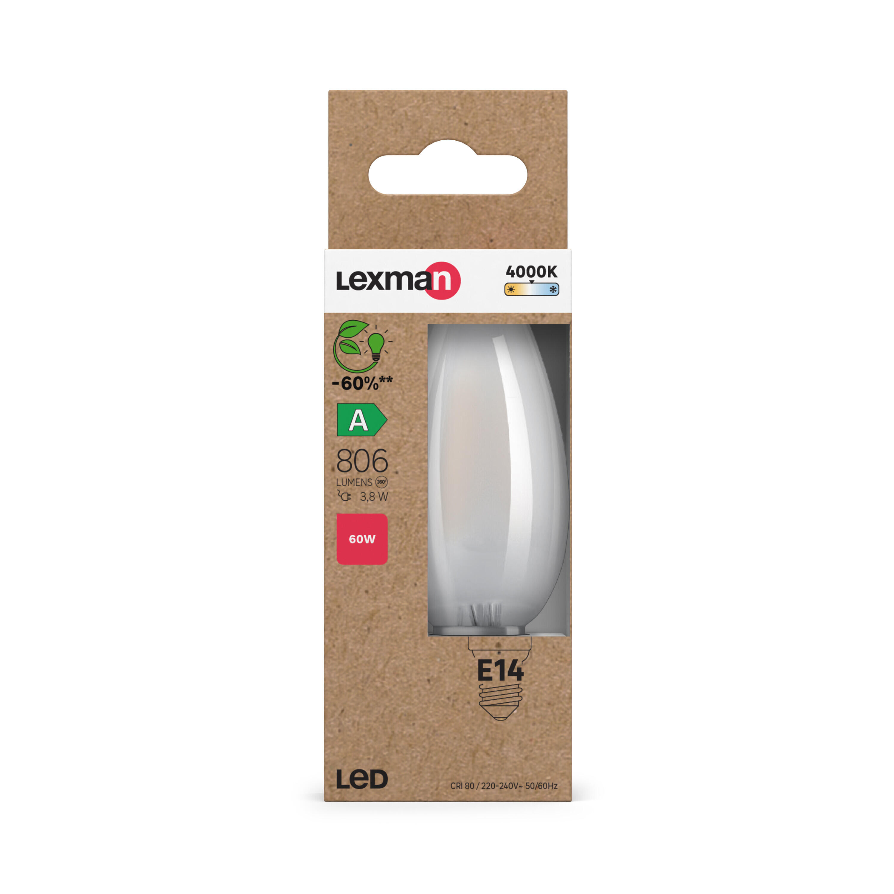 Bombilla LED E14 filamento clase A (mayor ahorro energético)  forma vela 806 lúmenes 4W color de la luz blanco neutro 4000K CRI 89-80 luz natural y fiel - 2