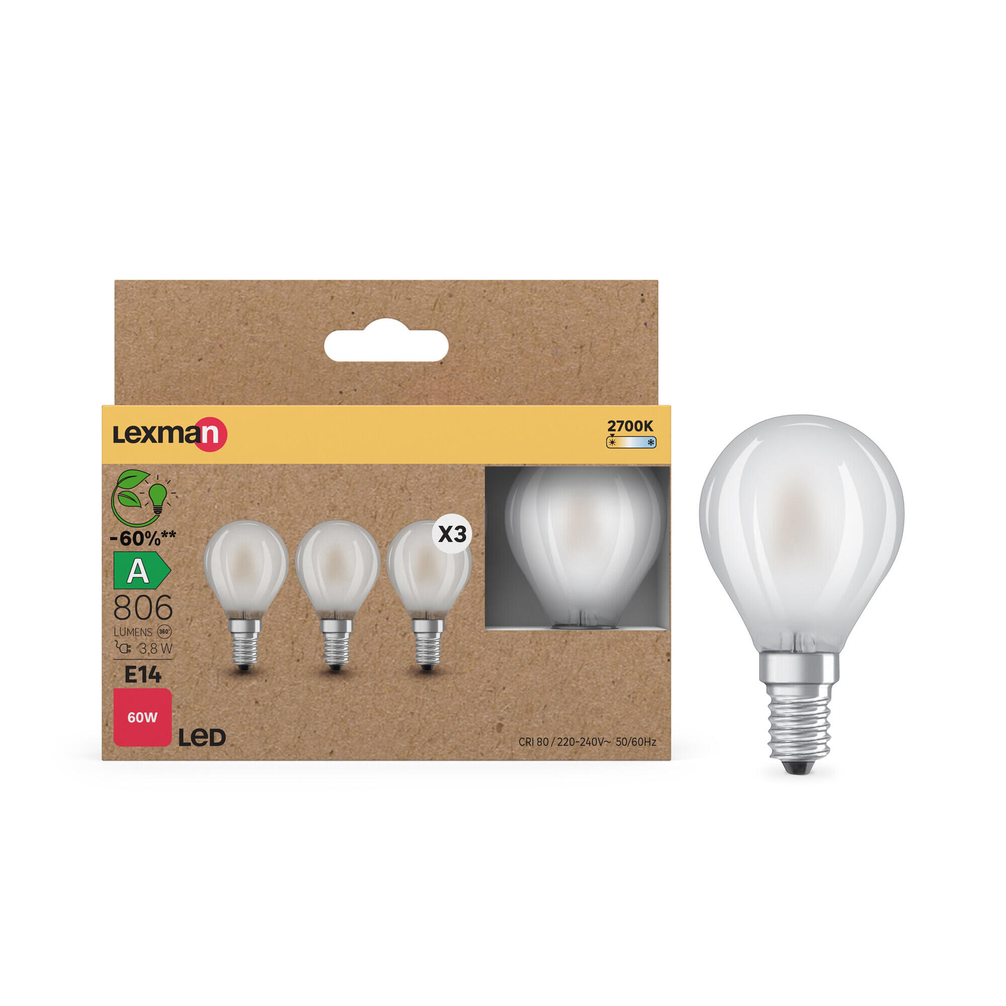 Pack 3 lâmpada LED E14 806lm 2700K Lexman - 10
