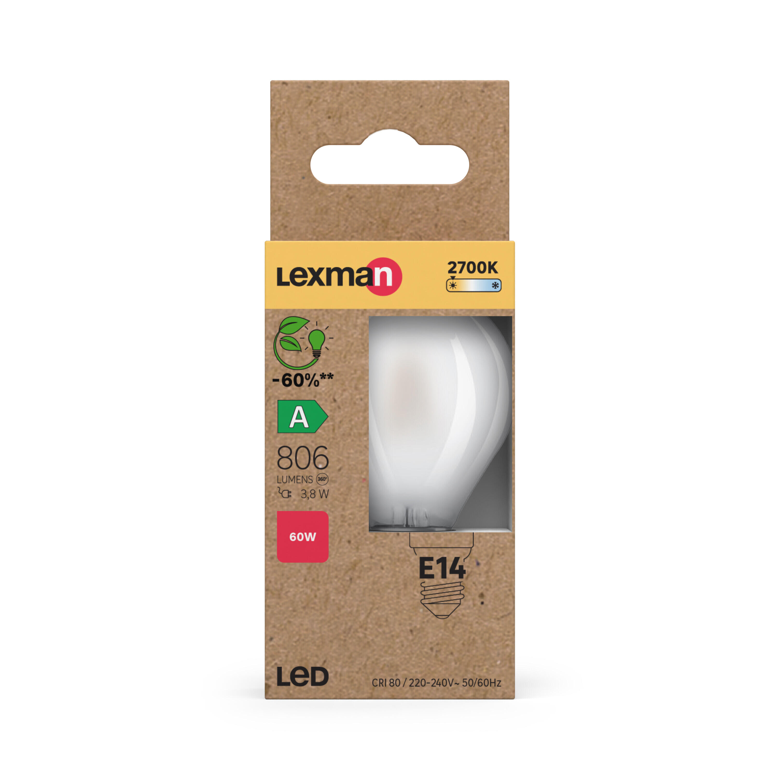 Bombilla LED E14 filamento  clase A (mayor ahorro energético)  forma esférica 806 lúmenes 4W color de la luz blanco cálido 2700K CRI 89-80 luz natural y fiel - 2