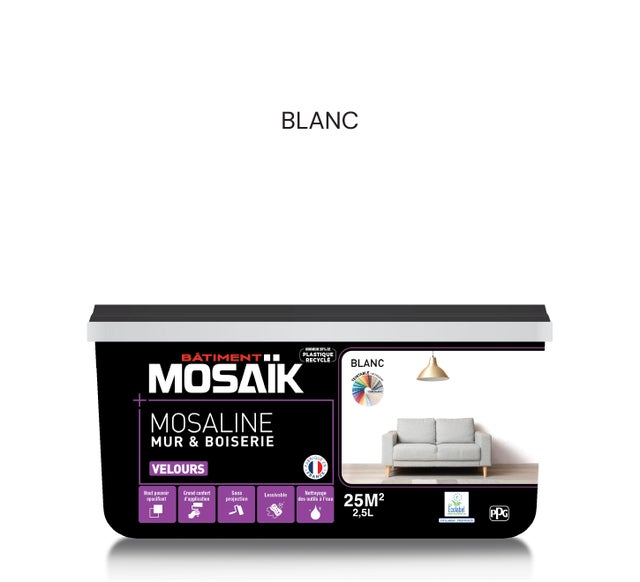 Peinture intérieure multi support acrylique velours blanc 2,5 L Mosaline - MOSAIK