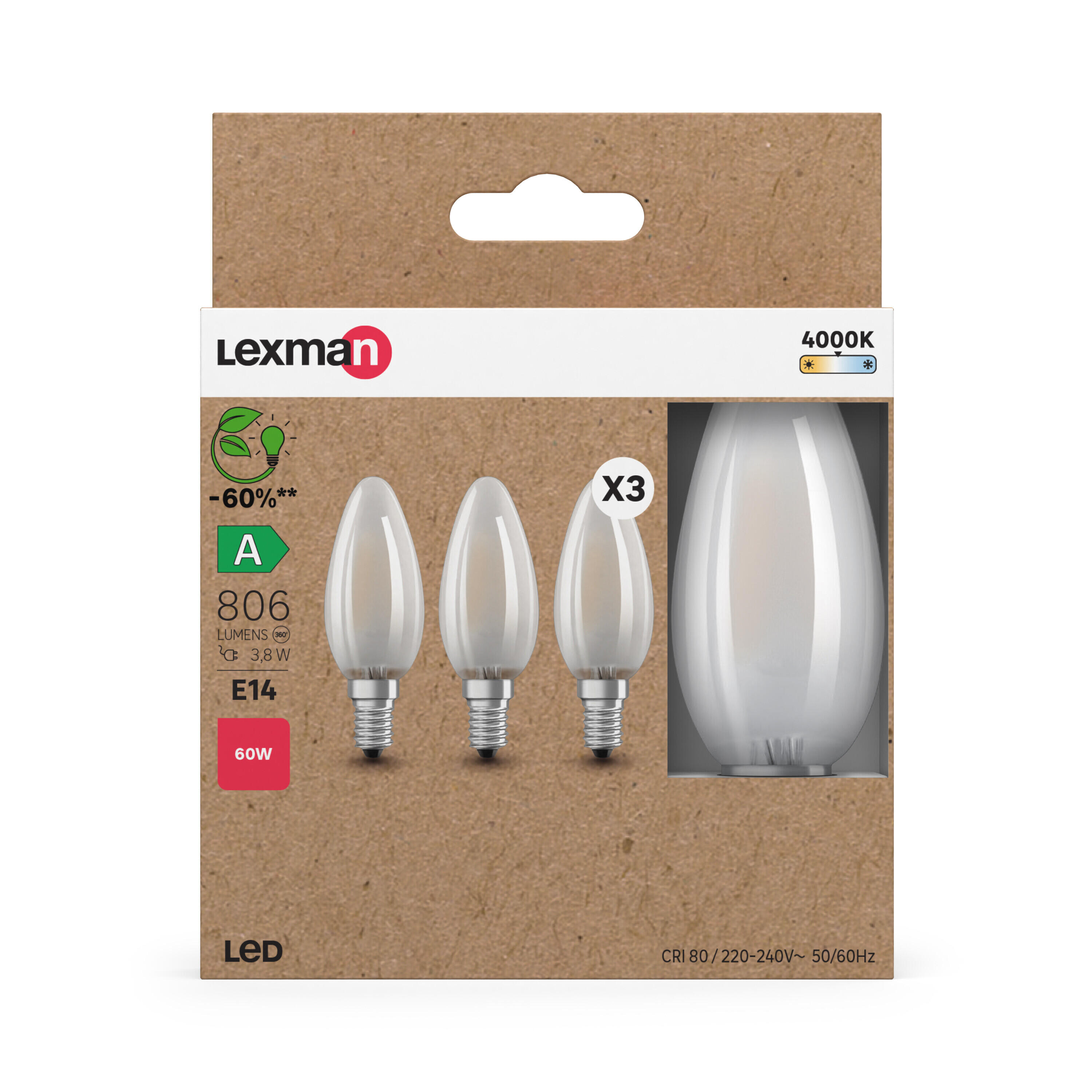 Pack de 3 bombillas LED E14 filamento clase A (mayor ahorro energético) forma vela 806 lúmenes 4W color de la luz blanco neutro 4000K CRI 89-80 luz natural y fiel - 4
