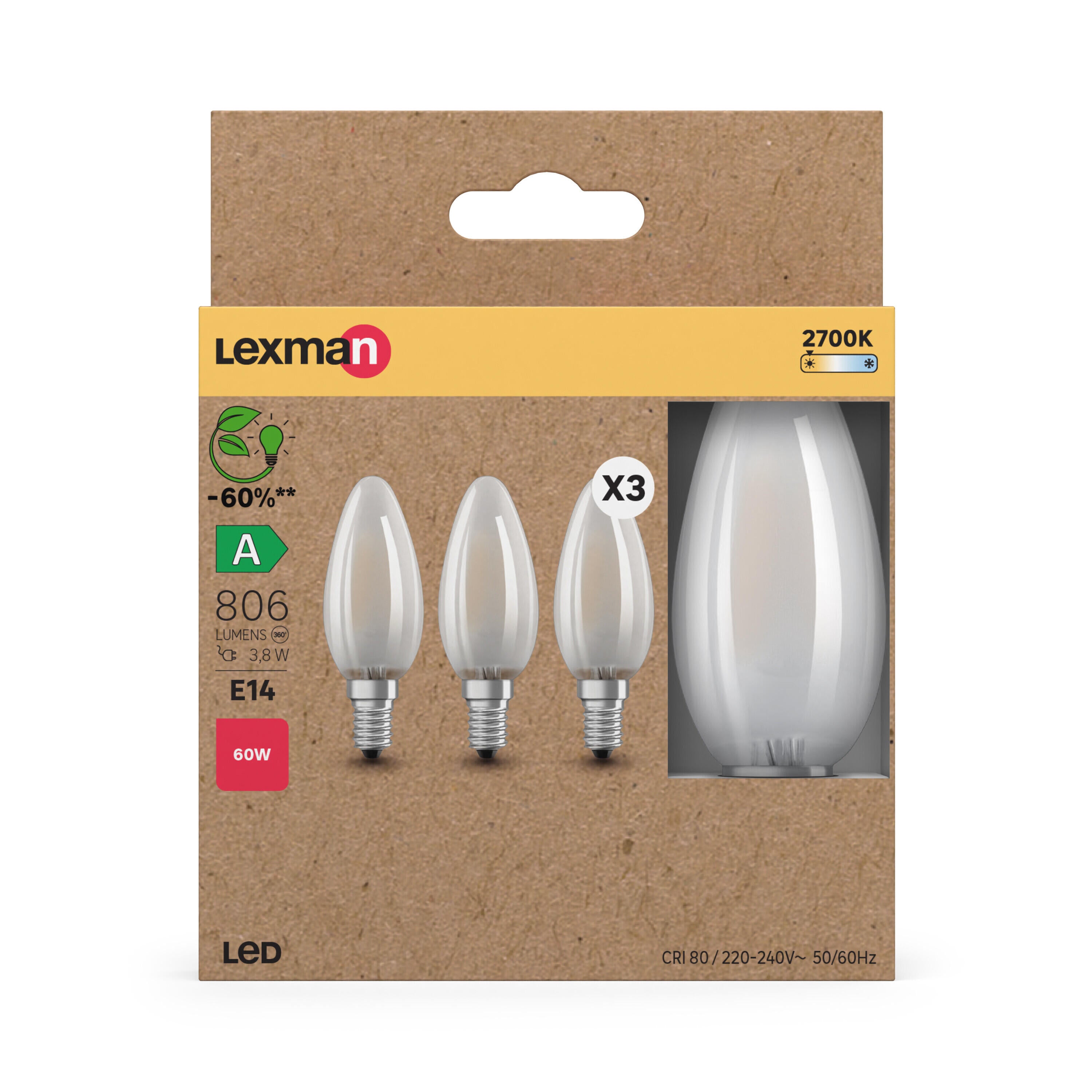 Pack de 3 bombillas LED E14 filamento  clase A (mayor ahorro energético) forma vela 806 lúmenes 4W color de la luz blanco cálido 2700K CRI 89-80 luz natural y fiel - 2