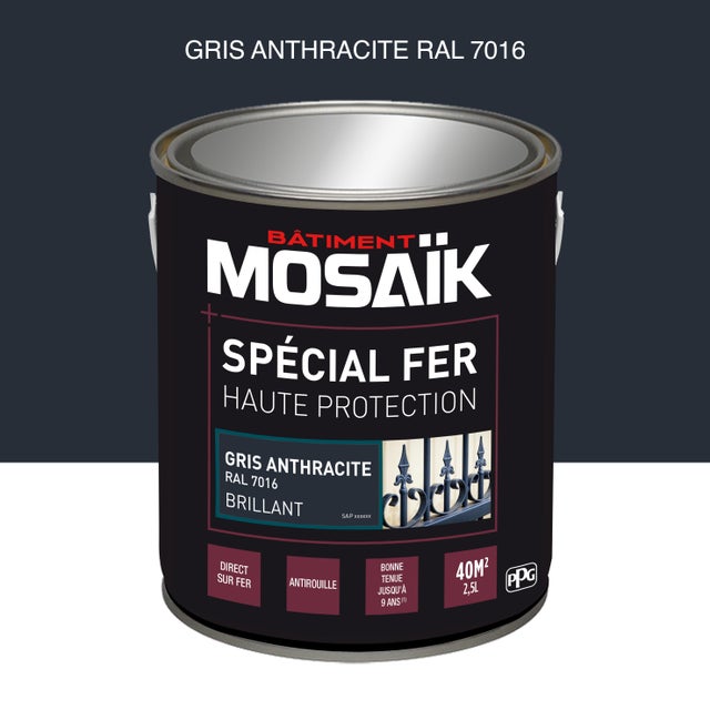 Peinture fer glycéro anti-rouille brillant anthracite RAL7016 2,5 L - MOSAÏK 