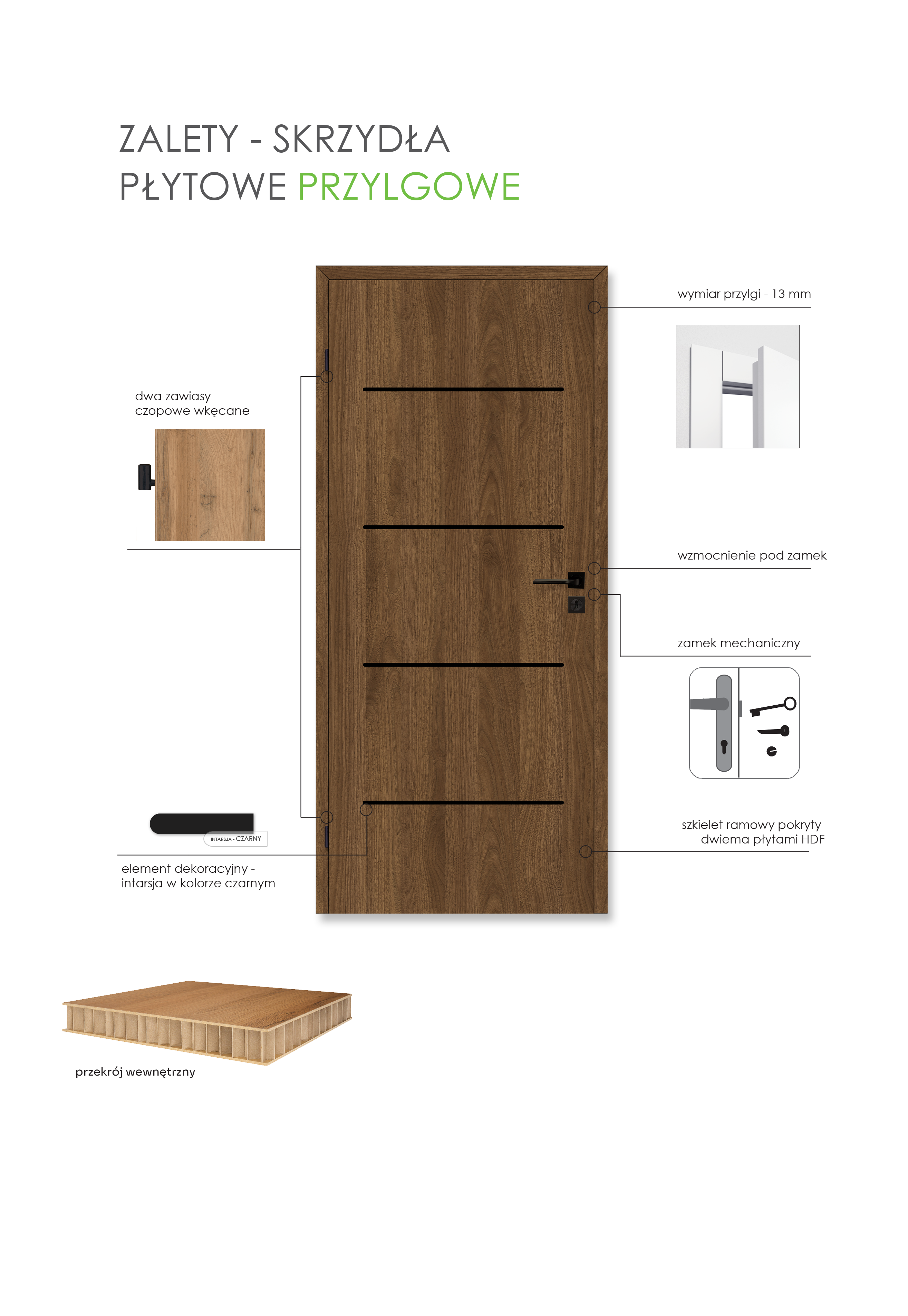 Drzwi wewnętrzne pełne Vissio 80 prawe orzech michigan i czarne aplikacje Voster - 7