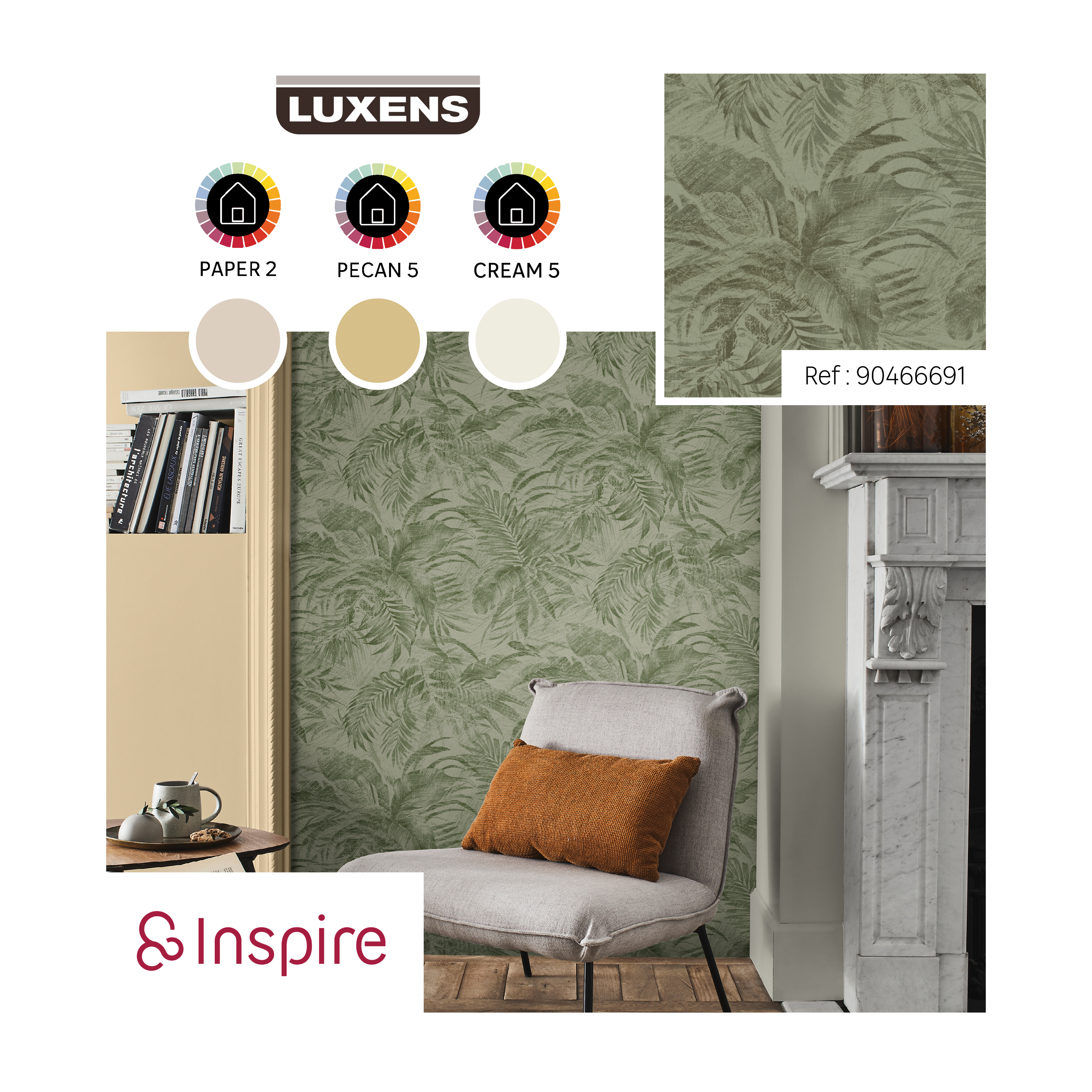 Papel pintado vinilo aplicación cola en pared Floral vegetal Aiden verde  INSPIRE 53cmx10.05m superlavable - 7