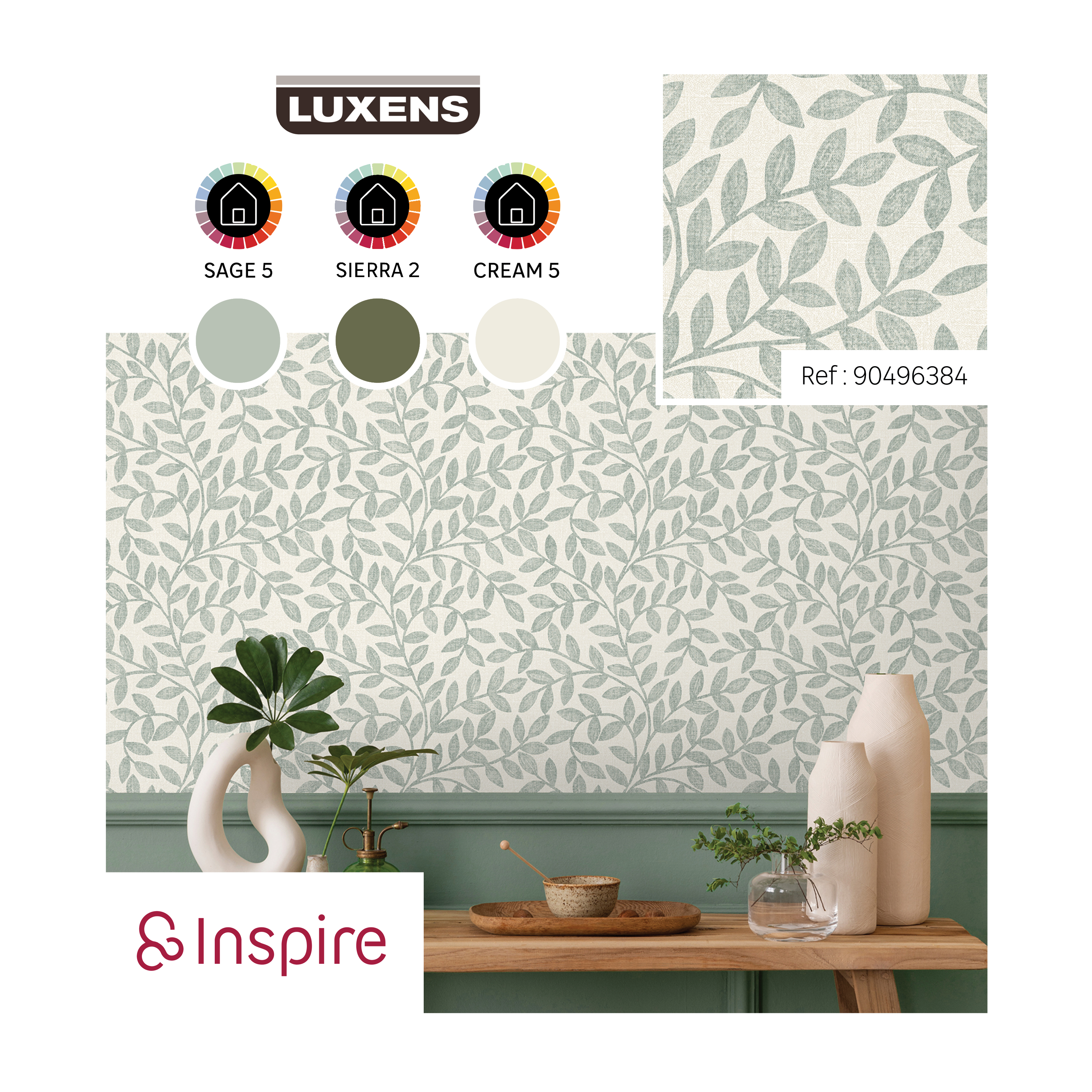 Papel pintado Vinilo Naturaleza verde Allison INSPIRE. De 53cm x 10.05m. Lavable. Método de pegado: autoadhesivo: aplicación cola en pared - 7