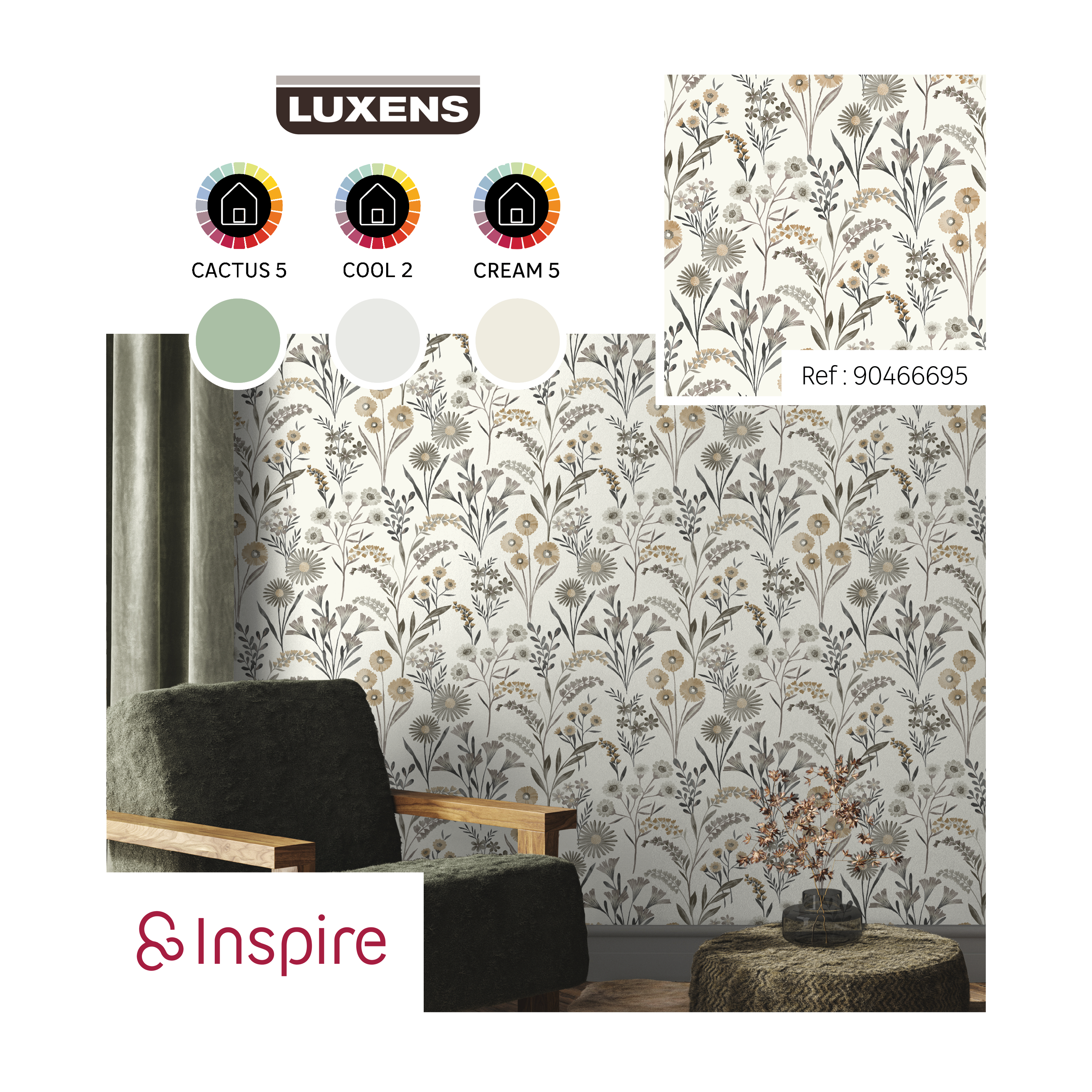 Papel pintado vinilo aplicación cola en pared Floral vegetal Meadow blanco, verde  INSPIRE 53cmx10.05m lavable - 8