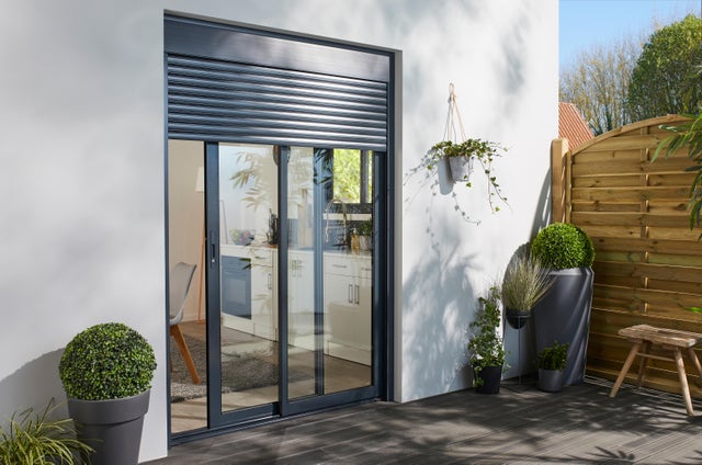 Baie coulissante aluminium H.215 x l.210 cm avec volet roulant intégré gris
