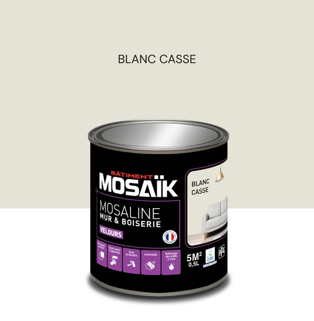 Peinture intérieure multi support acrylique velours blanc cassé 0,5 L Mosaline - MOSAIK