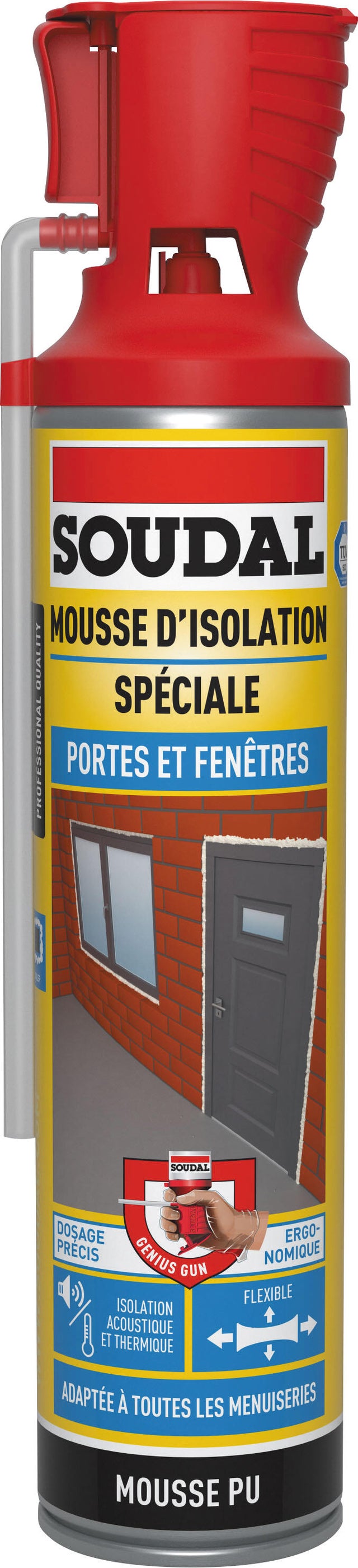 Mousse expansive polyuréthane LMDI menuiserie pistolet intégré 500 ml - SOUDAL