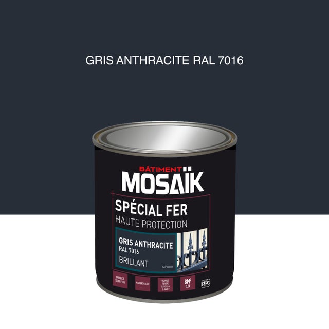Peinture fer glycéro anti-rouille brillant gris anthracite RAL7016 0,5 L - MOSAÏK 