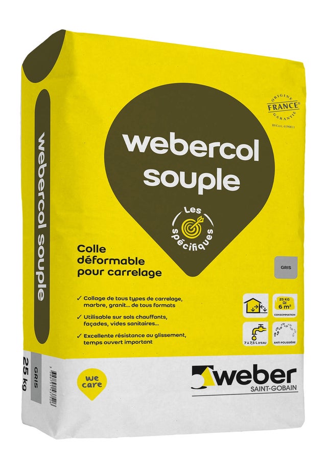 Colle carrelage en poudre gris C2S1ET pour sol et mur intérieur & extérieur 25 kg - Webercol souple WEBER