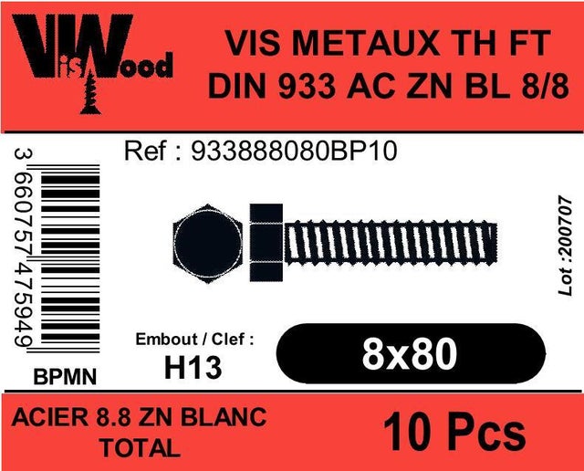 Vis métal Diam.8 mm tête hexagonale Boîte de 10 - VISWOOD