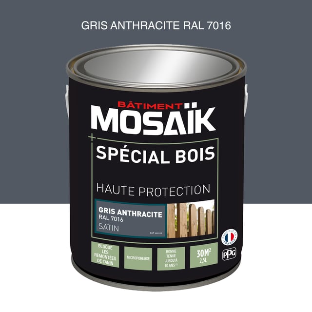 Peinture bois acrylique satin gris anthracite RAL 7016 2,5 L - MOSAÏK
