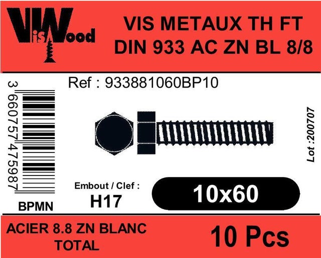 Vis métal Diam.10 mm tête hexagonale Boîte de 10 - VISWOOD