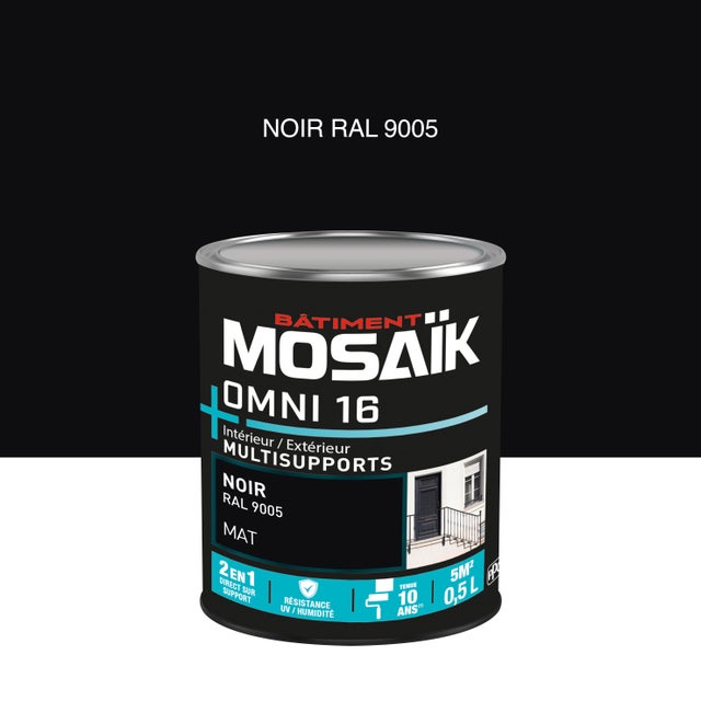 Peinture 2en1 int./ext. multisupport acrylique mat noir RAL9005 0,5 L OMNI16 - MOSAIK
