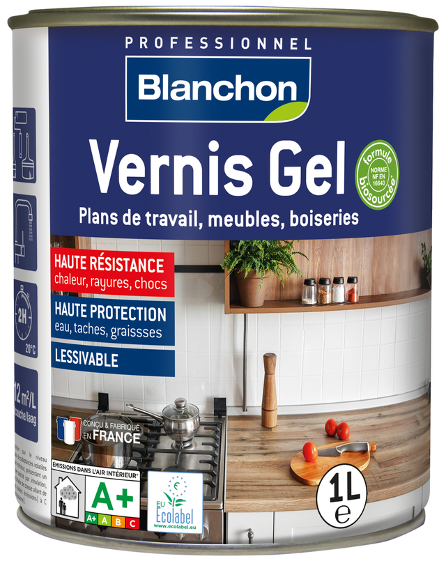 Vernis gel biosourcé plans de travail, meubles et boiseries satin incolore 1 L - BLANCHON