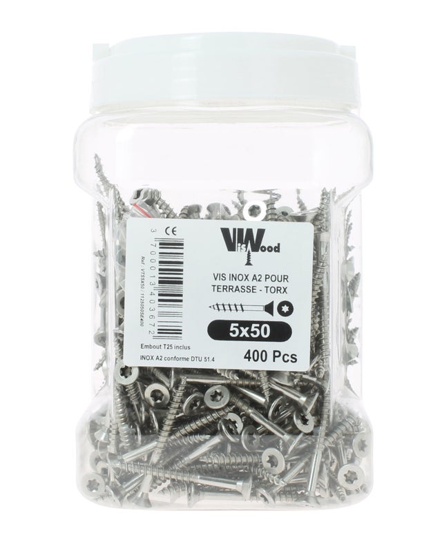 Vis terrasse bois tendre inox A2 Diam. 5,0 x 60 mm Boîte de 400 - VISWOOD