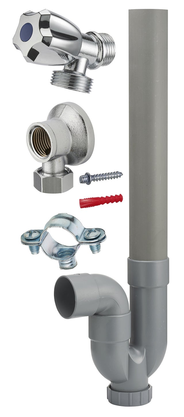 Kit siphon machine à laver sortie horizontale avec applique et robinet 15 x 21 (1/2