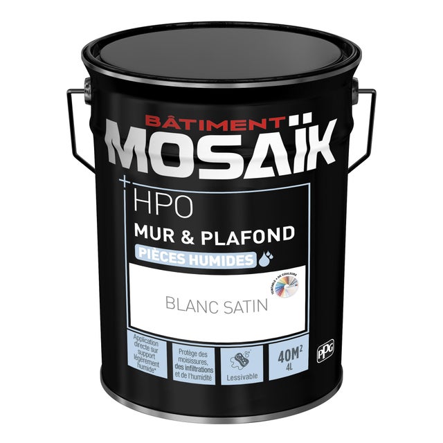 Peinture intérieure murs et plafonds pièce humide acrylique satin blanc 4 L Hpo - MOSAÏK