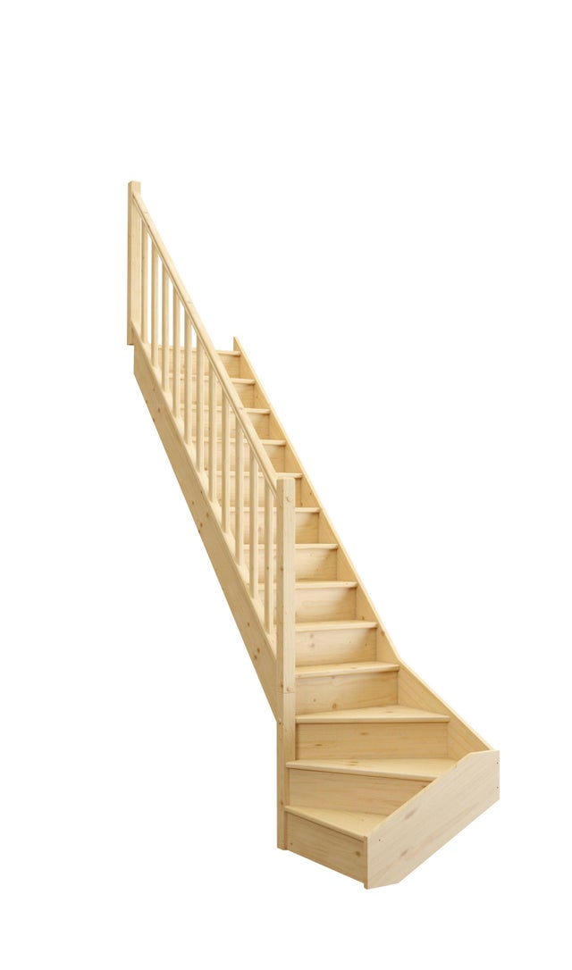 Escalier sapin quart tournant bas à gauche avec contremarches et rampe fuseaux à gauche Larg.76 cm - GIMM