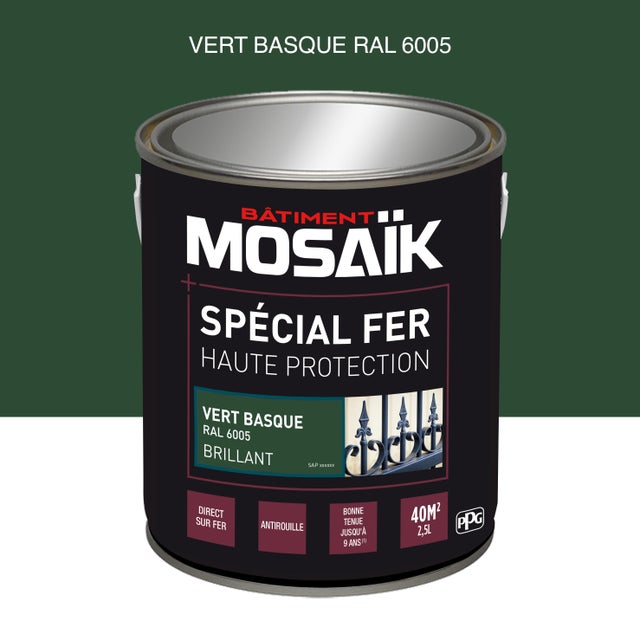 Peinture fer glycéro anti-rouille brillant vert basque RAL6005 2,5 L - MOSAÏK 