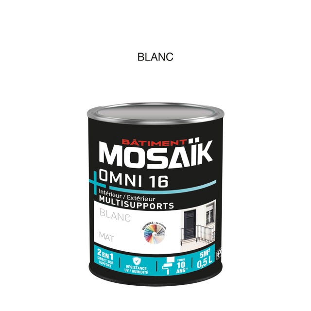 Peinture 2en1 int./ext. multisupport acrylique mat blanc 0,5 L OMNI16 - MOSAIK