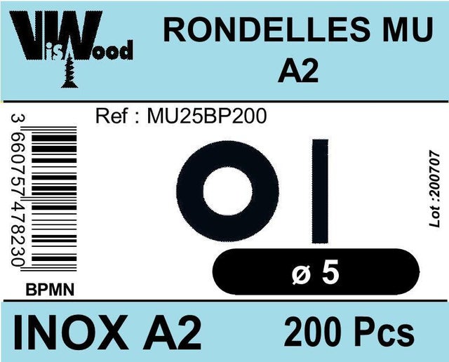 Rondelles moyennes MU inox A2 Diam. 5 mm Boîte de 200 - VISWOOD