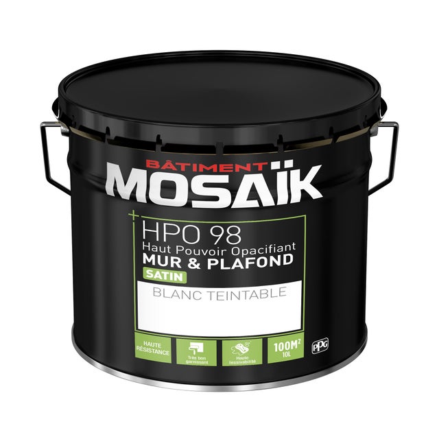 Peinture intérieure murs et plafonds acrylique satin blanc 10 L Hpo - MOSAÏK