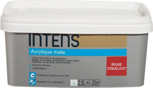 Peinture intérieure multi-supports acrylique monocouche mate rouge coquelicot 2,5 L - INTENS
