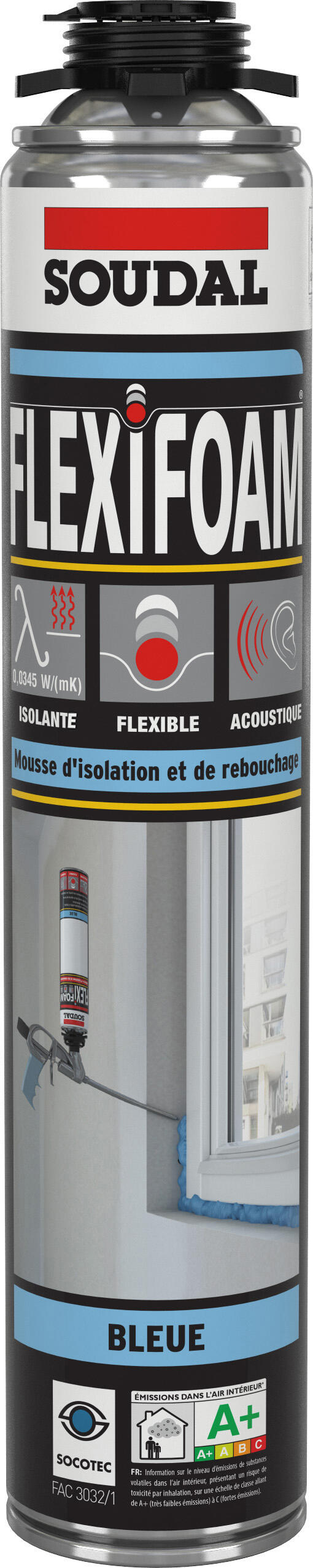 Mousse expansive polyuréthane menuiserie manuelle 750 ml - SOUDAL FLEXIFOAM 