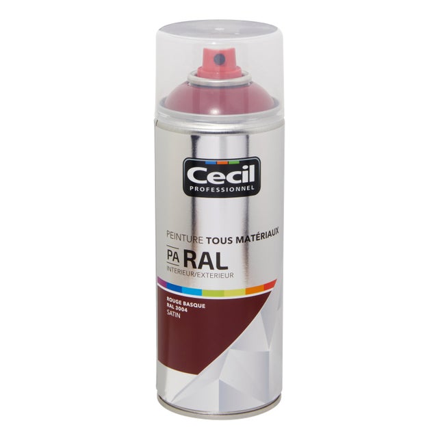 Peinture aérosol tous matériaux int/ext rouge basque satin RAL3004 400 ml - CECIL PRO