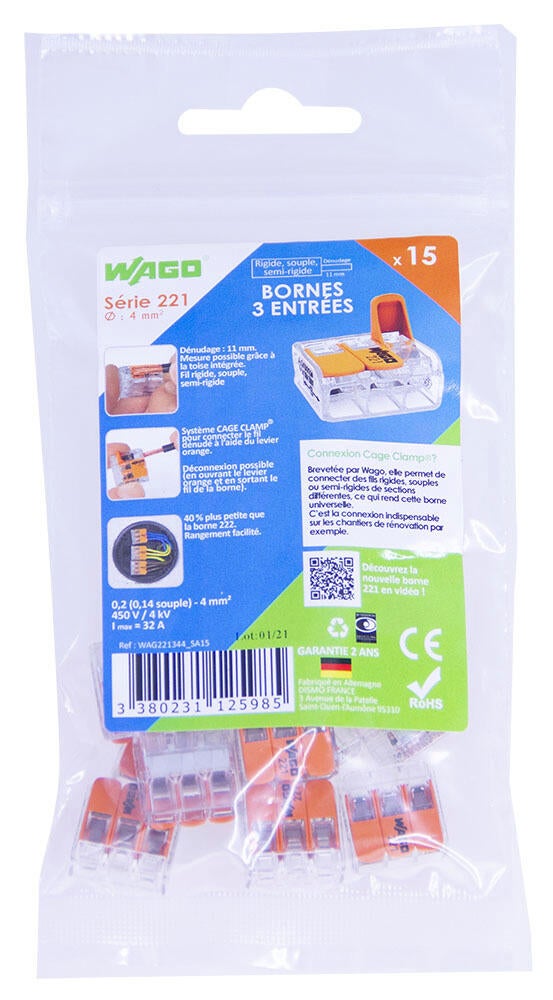 Borne de connexion 221 3 entrées WAGO