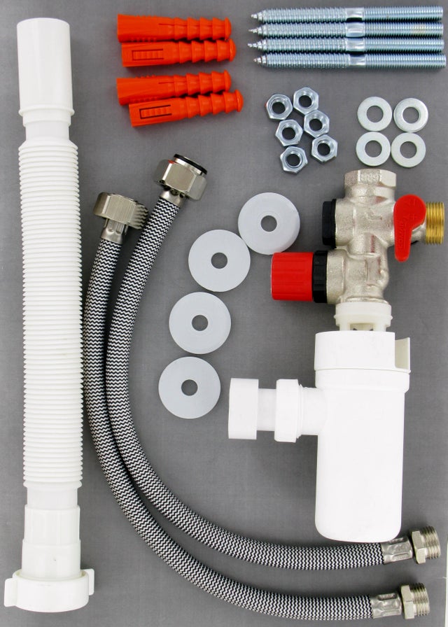 Kit Groupe de sécurité droit inox pour eau agressive + siphon + flexibles - COMAP