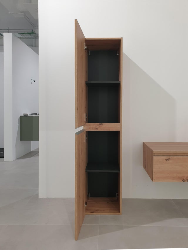 Colonne de salle de bain suspendue 2 portes aspect chêne miel l.35 x P.35 x H.161 cm - ATLANTIS