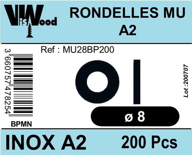 Rondelles moyennes MU inox A2 Diam. 8 x 18 mm Boîte de 200 - VISWOOD