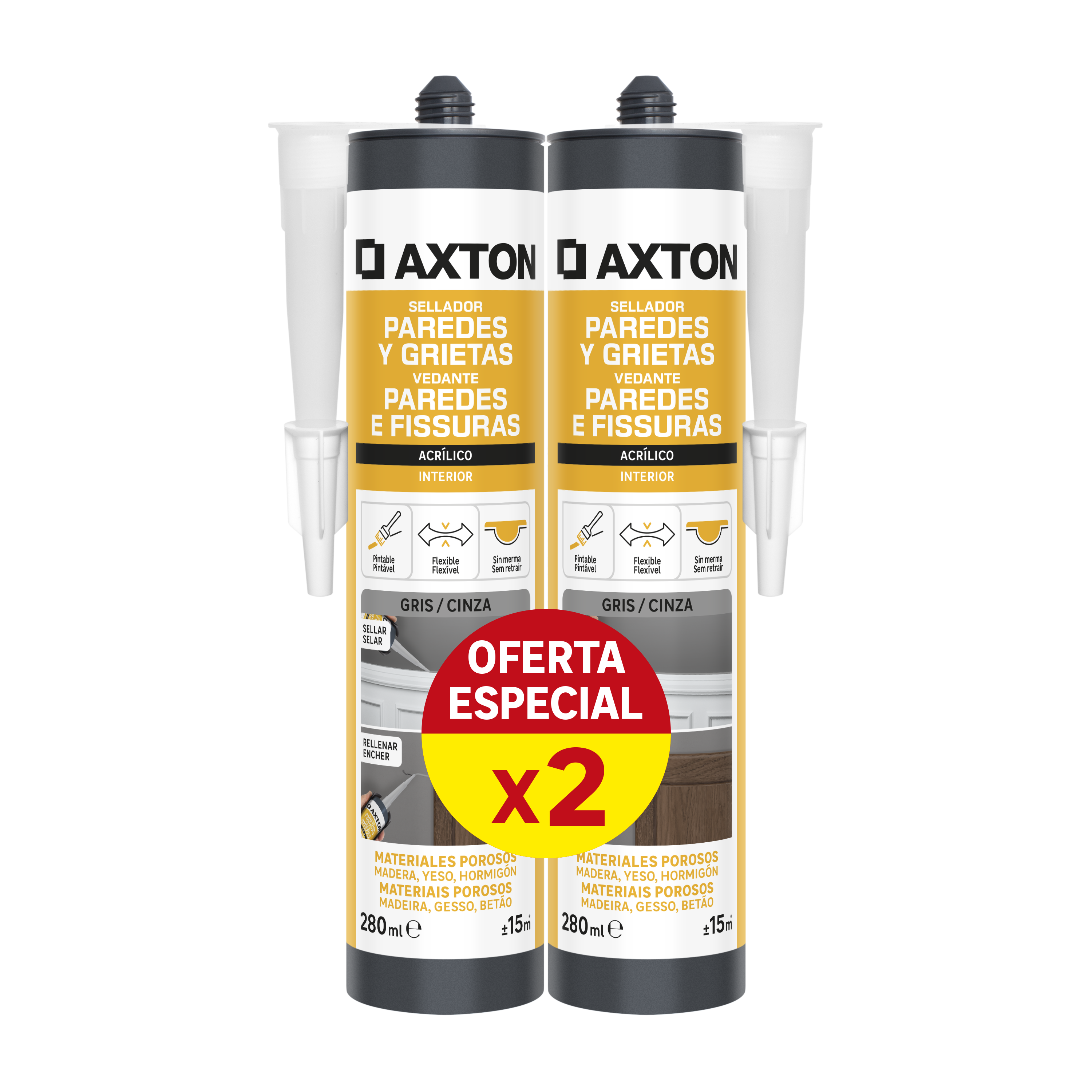 Pack de 2 masillas para paredes y grietas AXTON 280ml gris - 2