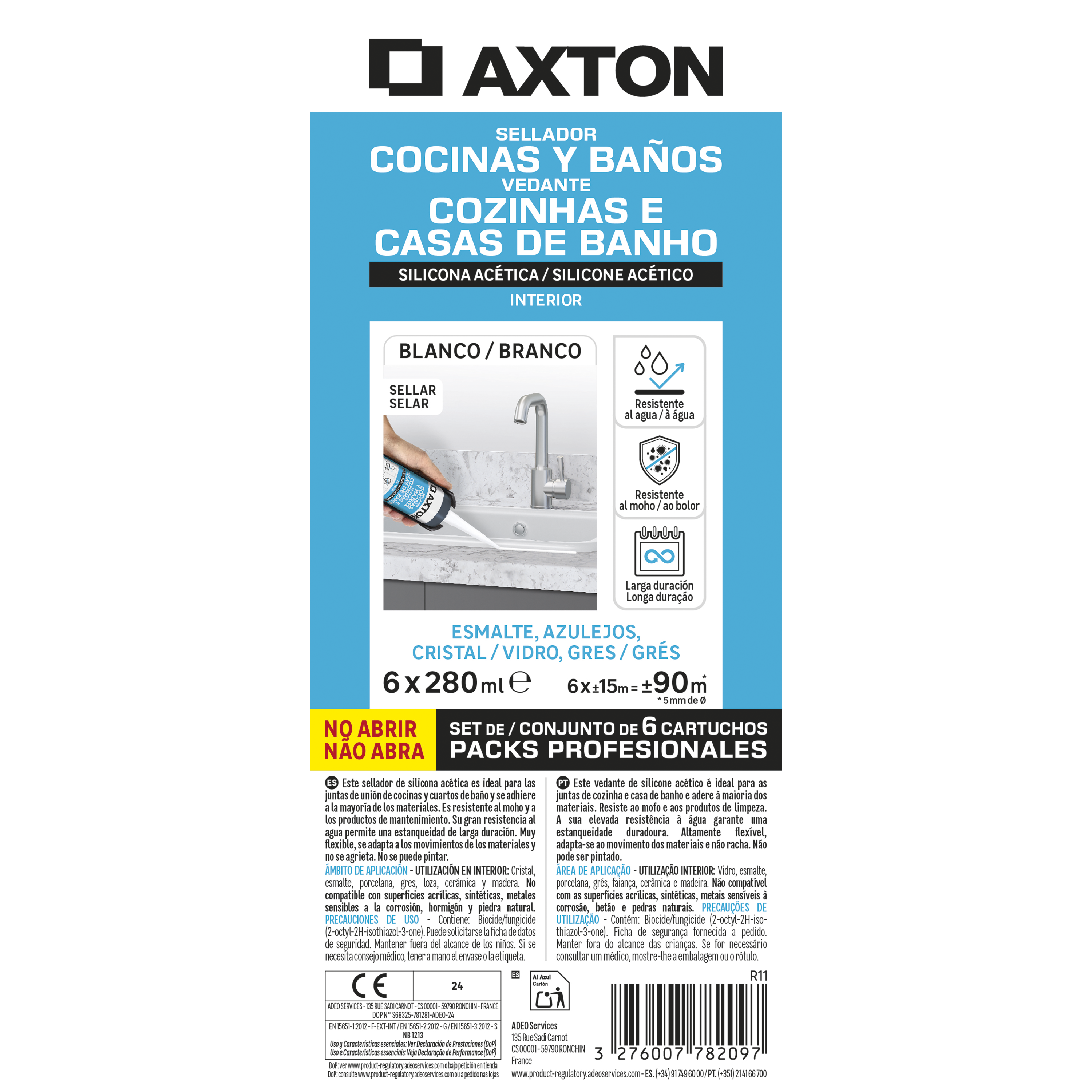 Pack 6 silicones cozinha casa banho acético antifungos 280ml branco Axton - 2