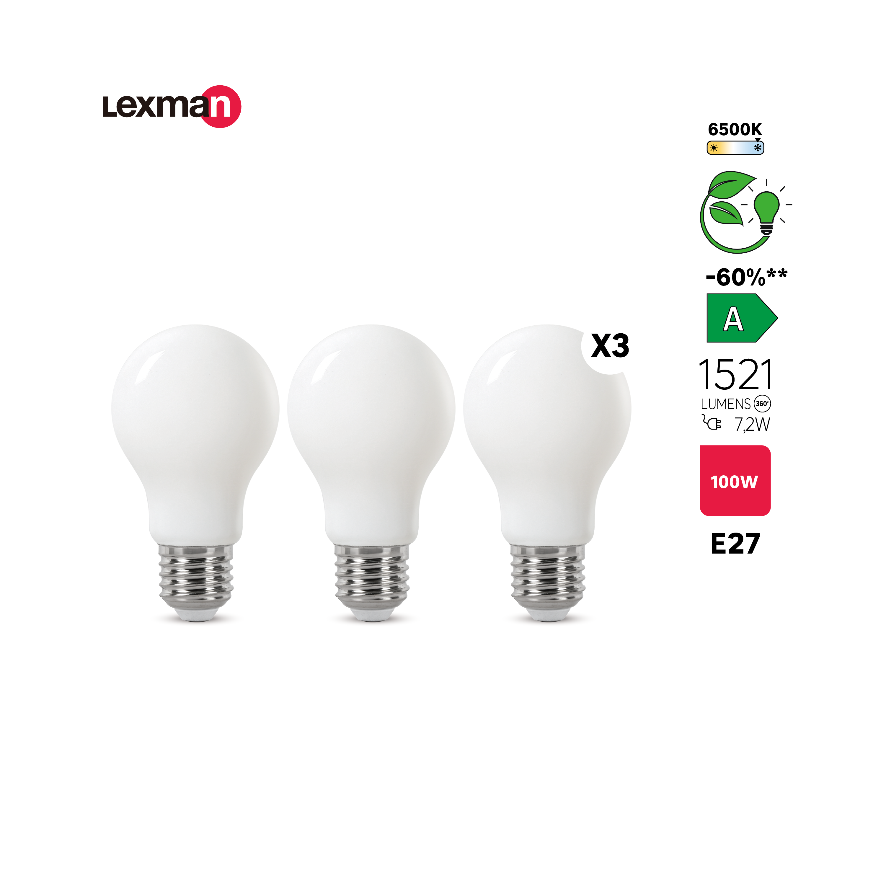 Pack de 3 bombillas LED filamento E27 clase A (mayor ahorro energético) forma estándar 1521 lúmenes 7.2W color de la luz blanco frío 6500K CRI 89-80 luz natural y fiel - 4